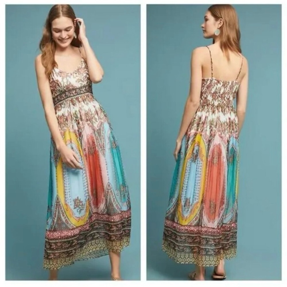 By Anthropologie Virginia Maxi Dress Size 0 Ivory Blue Floral Chiffon Boho